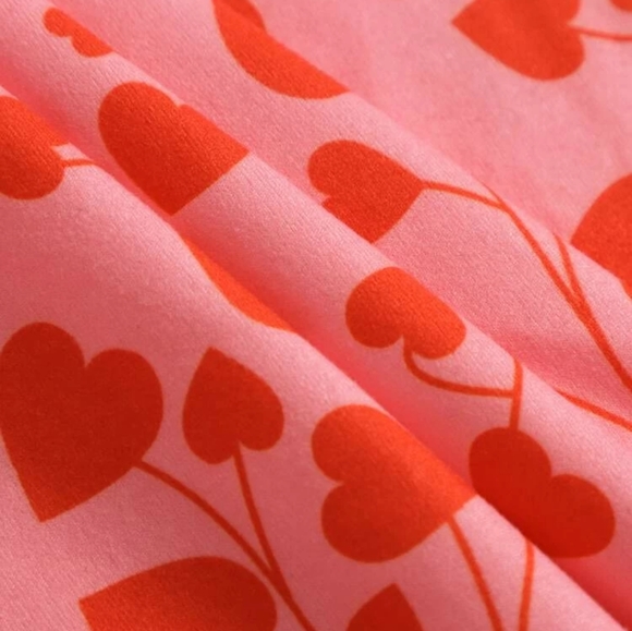 XS Shein Runched Milkmaid Pink Bodycon Dress with Red Hearts and Ruffled Straps - Picture 4 of 10